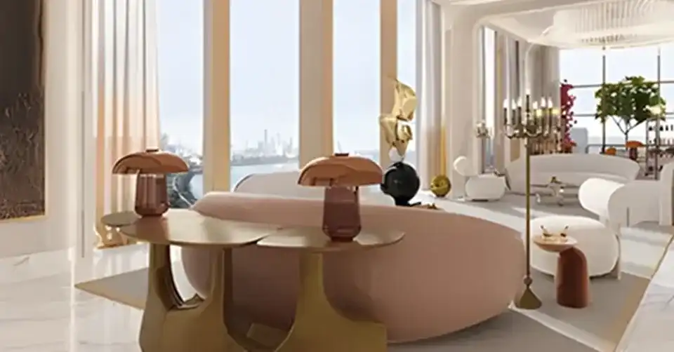 Elegant living room with blue ottoman